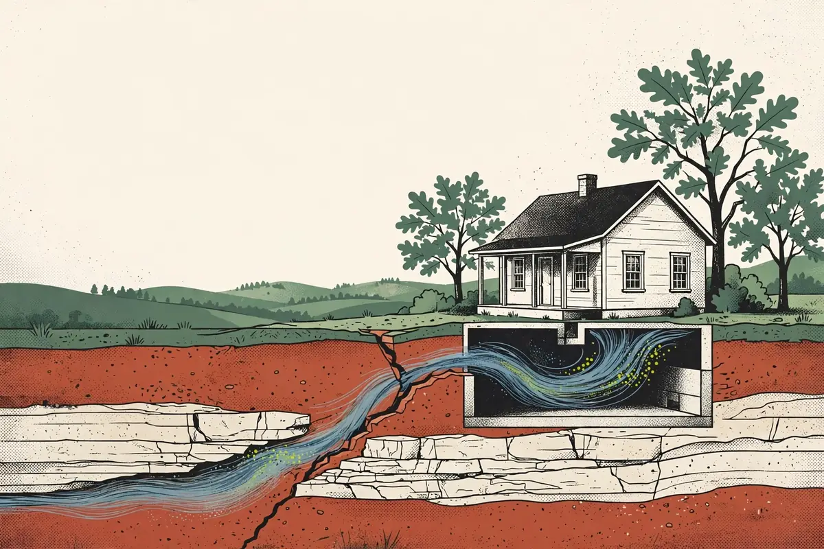 Editorial cutaway illustration of soil gas moving through Tennessee limestone and clay toward a home's foundation