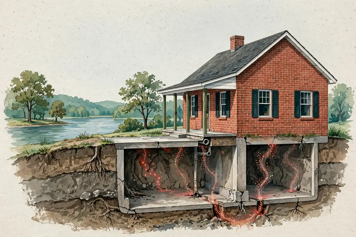 Editorial cutaway illustration of radon moving through soil and foundation openings beneath a rural brick home near Kentucky Lake