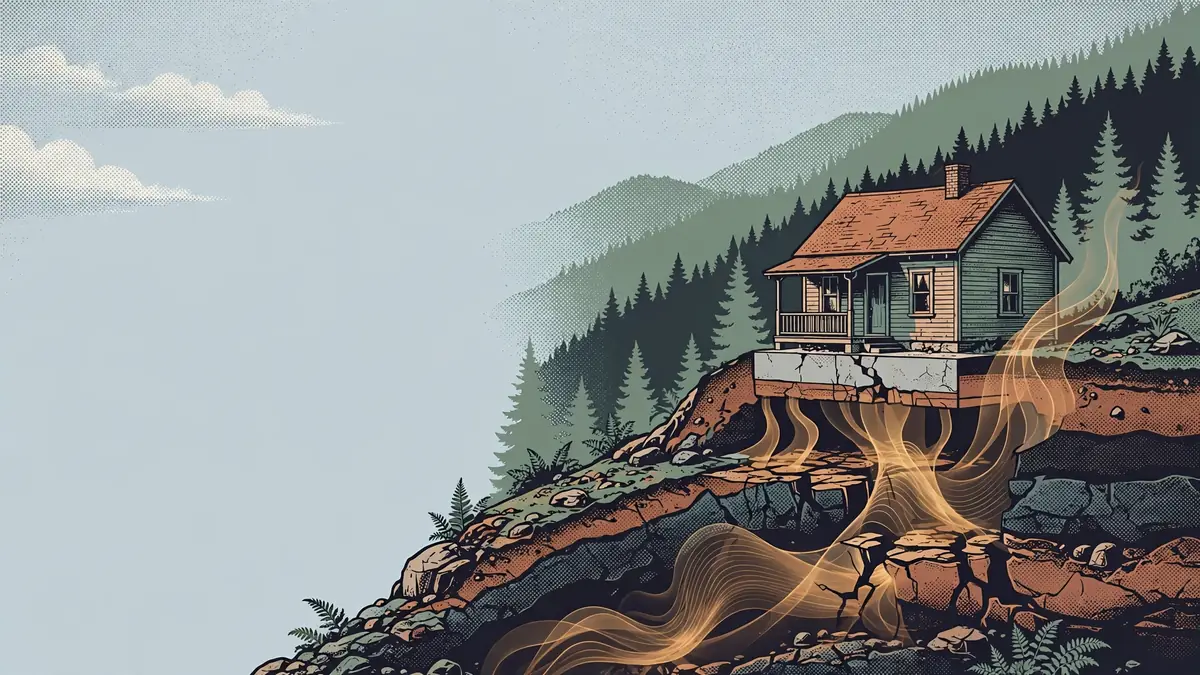 Illustrated Appalachian home with radon rising through rocky ground beneath its foundation
