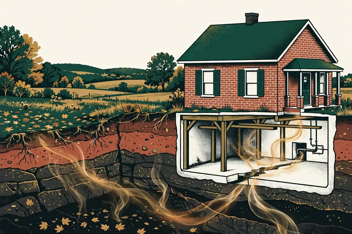 Editorial cutaway illustration of radon moving through soil and foundation openings into a rural West Tennessee brick home