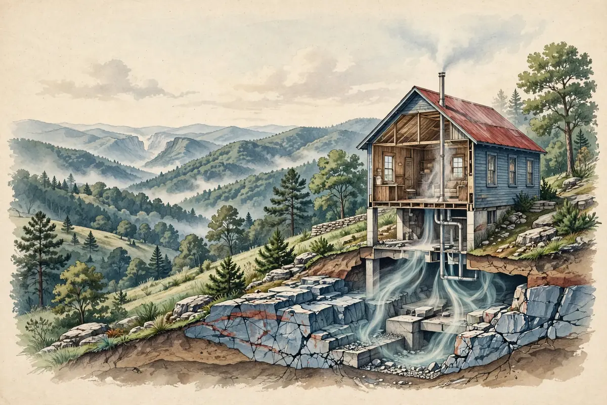 Illustration of soil gas moving beneath a foothills home into the foundation and through a vent stack