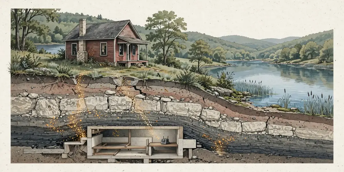 Illustrated cutaway of a rural lakeside Tennessee home above limestone and shale, with radon rising toward the foundation and a test device below grade
