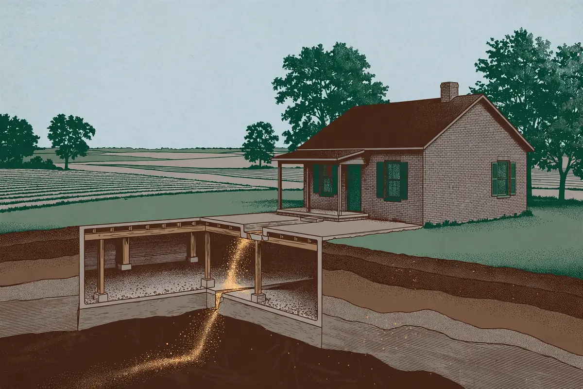 Editorial cutaway illustration of a rural West Tennessee brick home showing radon rising through a foundation joint