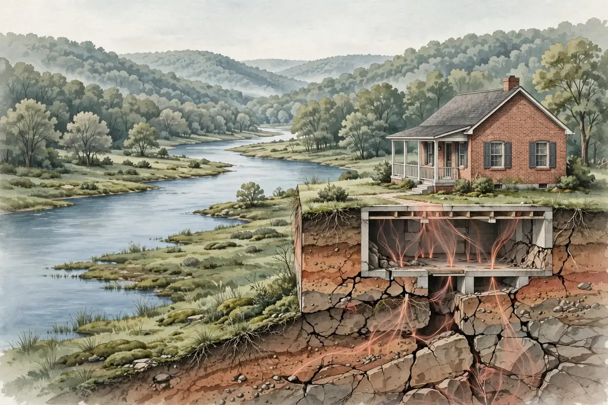 Editorial cutaway illustration of radon moving through soil and foundation openings beneath a West Tennessee home near the Tennessee River