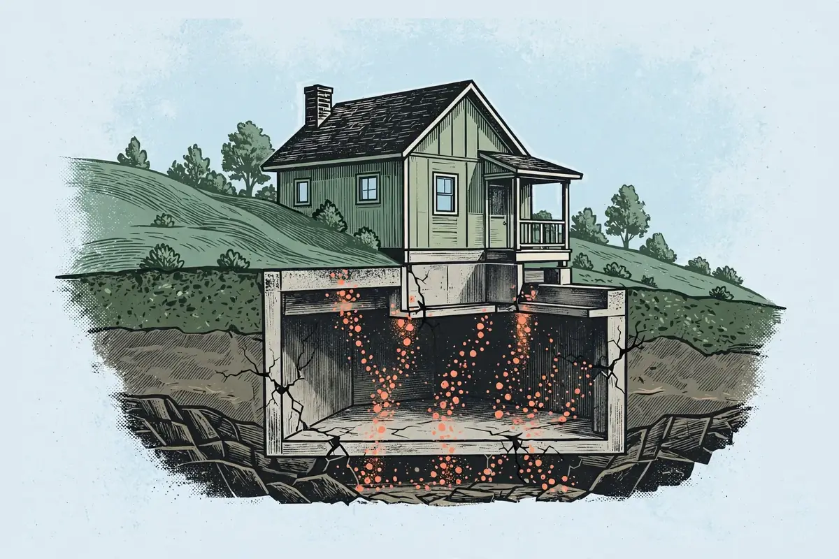 Editorial cutaway illustration of radon rising from soil into a Middle Tennessee house