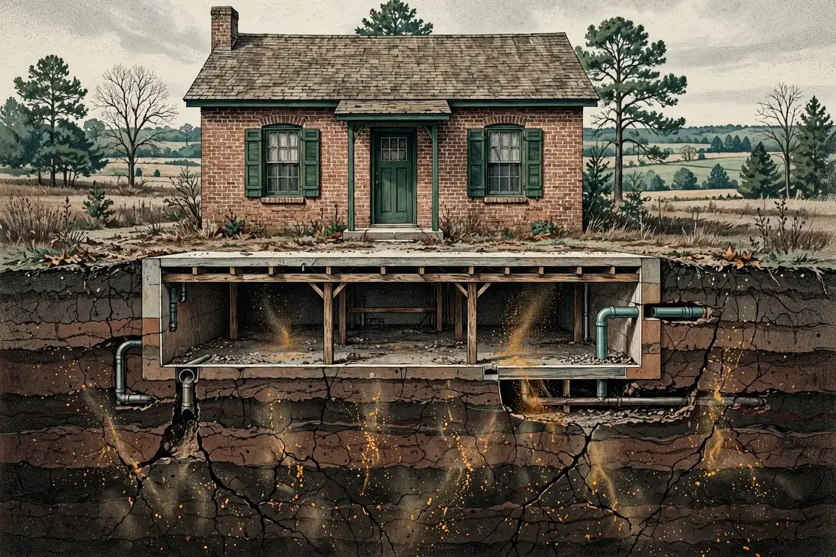 Editorial cutaway illustration of radon moving through soil and foundation openings beneath an older West Tennessee brick home