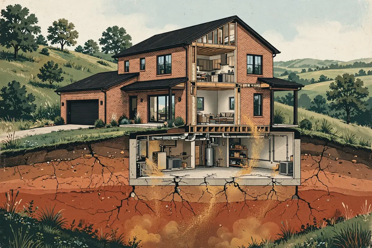 Illustrated cutaway of a brick Tennessee house showing radon rising through cracks in the foundation
