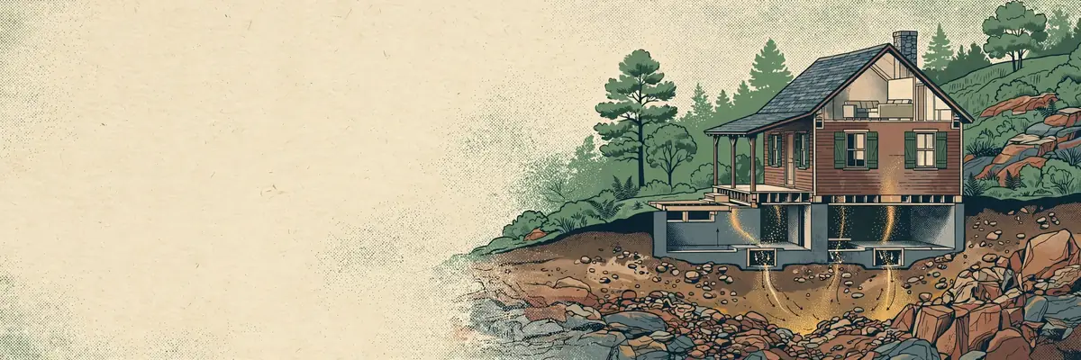 Editorial cutaway illustration of a Cumberland Plateau home with soil gas moving toward the foundation