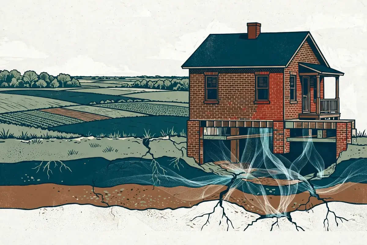 Editorial cutaway illustration of radon moving through soil and foundation cracks into a brick home in rural West Tennessee