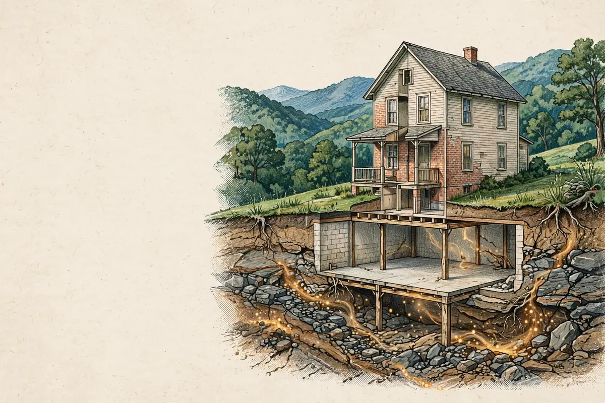 Editorial cutaway illustration of radon moving from Appalachian soil into an East Tennessee home