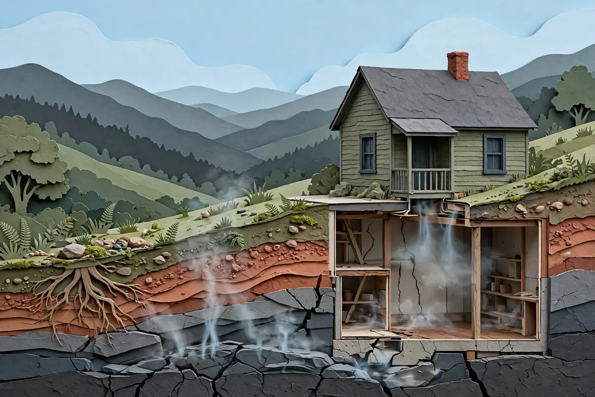 Cutaway illustration of radon moving from rock and soil into the lowest level of a rural Appalachian home