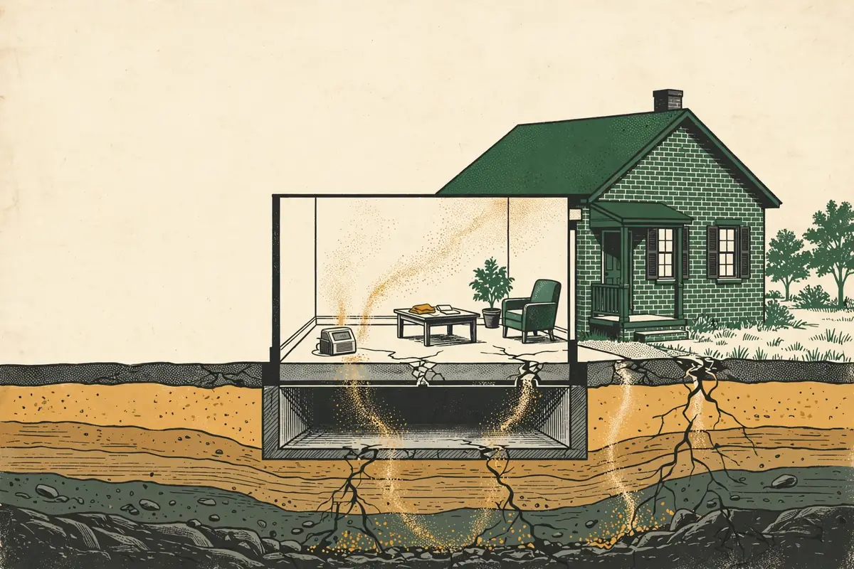 Illustrated cutaway of a rural Tennessee home showing radon entering through foundation cracks