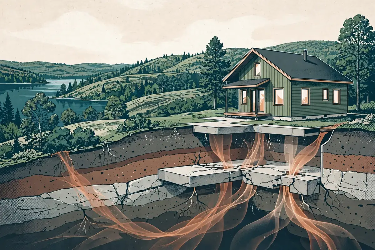 Editorial cutaway illustration of soil gas entering beneath a West Tennessee lake-region home