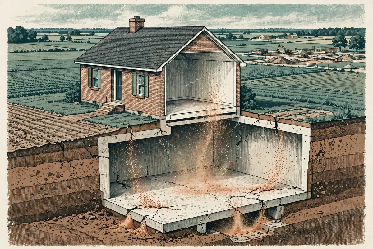Illustrated cutaway of a rural West Tennessee brick home showing radon rising through foundation cracks