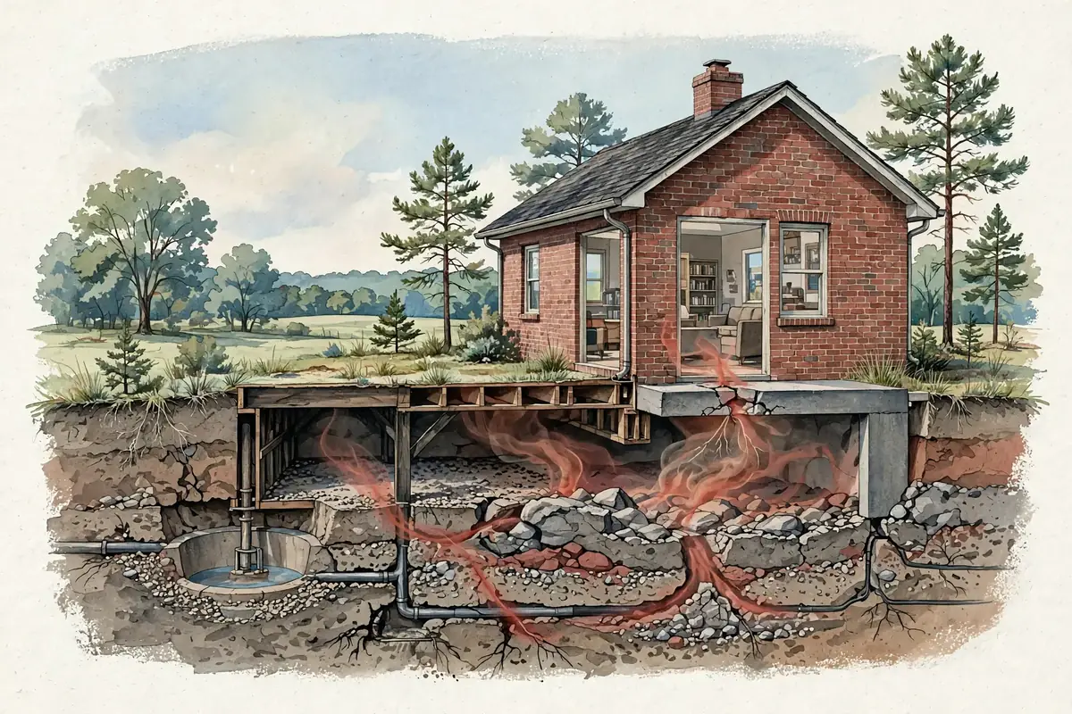 Editorial cutaway illustration of radon moving through soil and foundation openings beneath a West Tennessee brick home