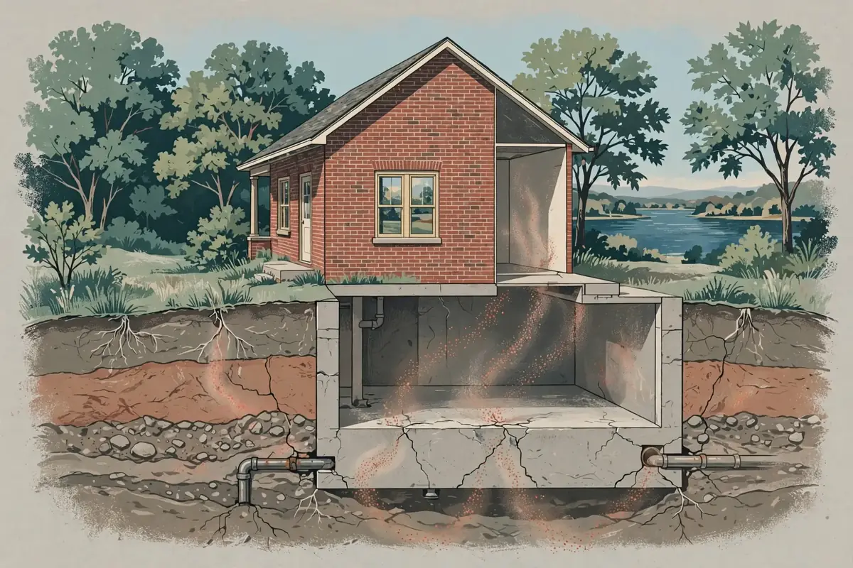 Editorial cutaway illustration of radon moving through soil and foundation cracks beneath a brick home near Kentucky Lake