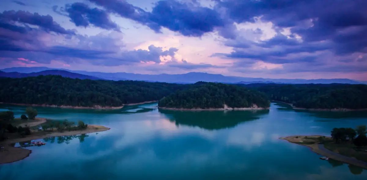 Aerial view of Douglas Lake, wooded shoreline and East Tennessee mountains in Jefferson County