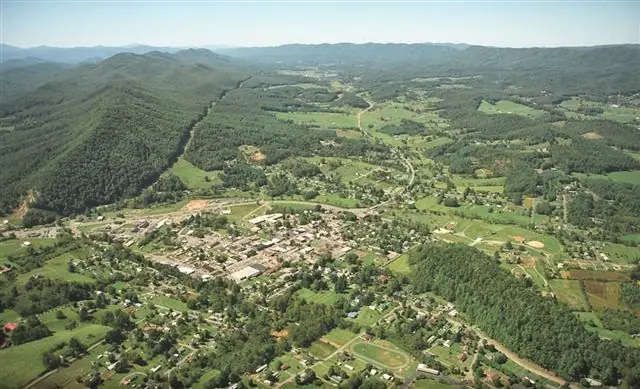 Aerial view of Mountain City, Tennessee, surrounded by forested mountains
