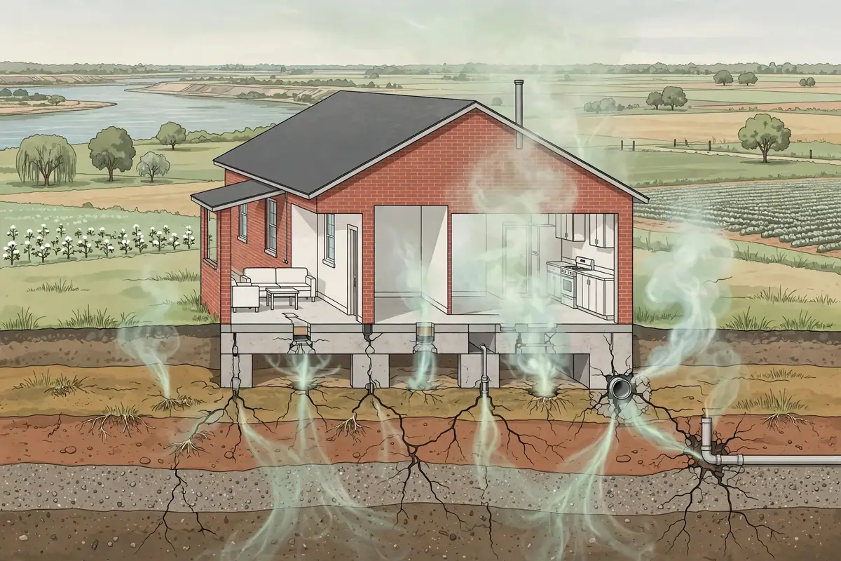 Illustrated cutaway of a rural West Tennessee brick home showing radon rising through the foundation