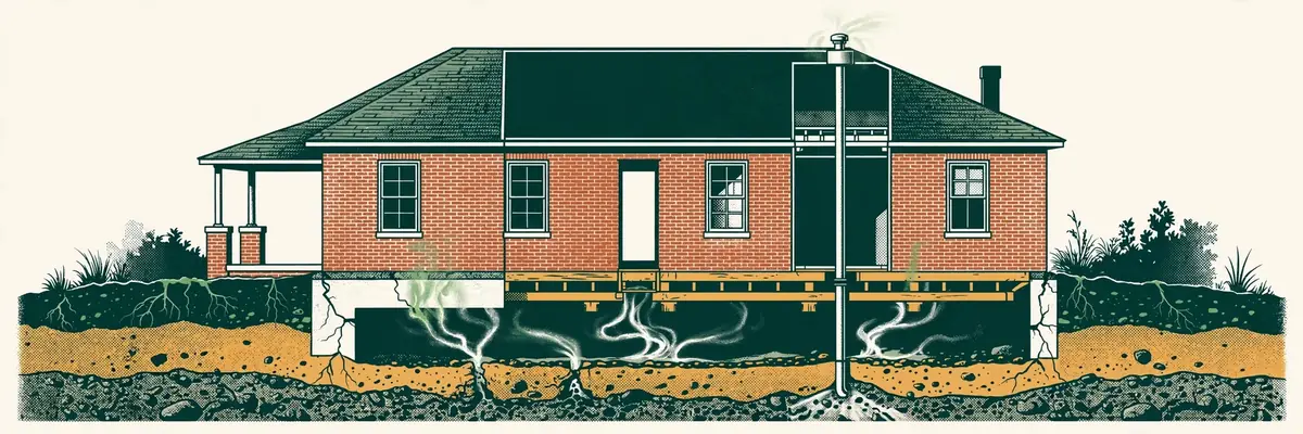 Illustrated cutaway of a brick home showing soil beneath the foundation and a passive radon vent rising through the roof