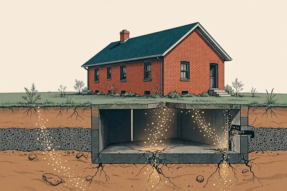 Editorial cutaway illustration of radon moving through soil and foundation cracks into a West Tennessee brick home