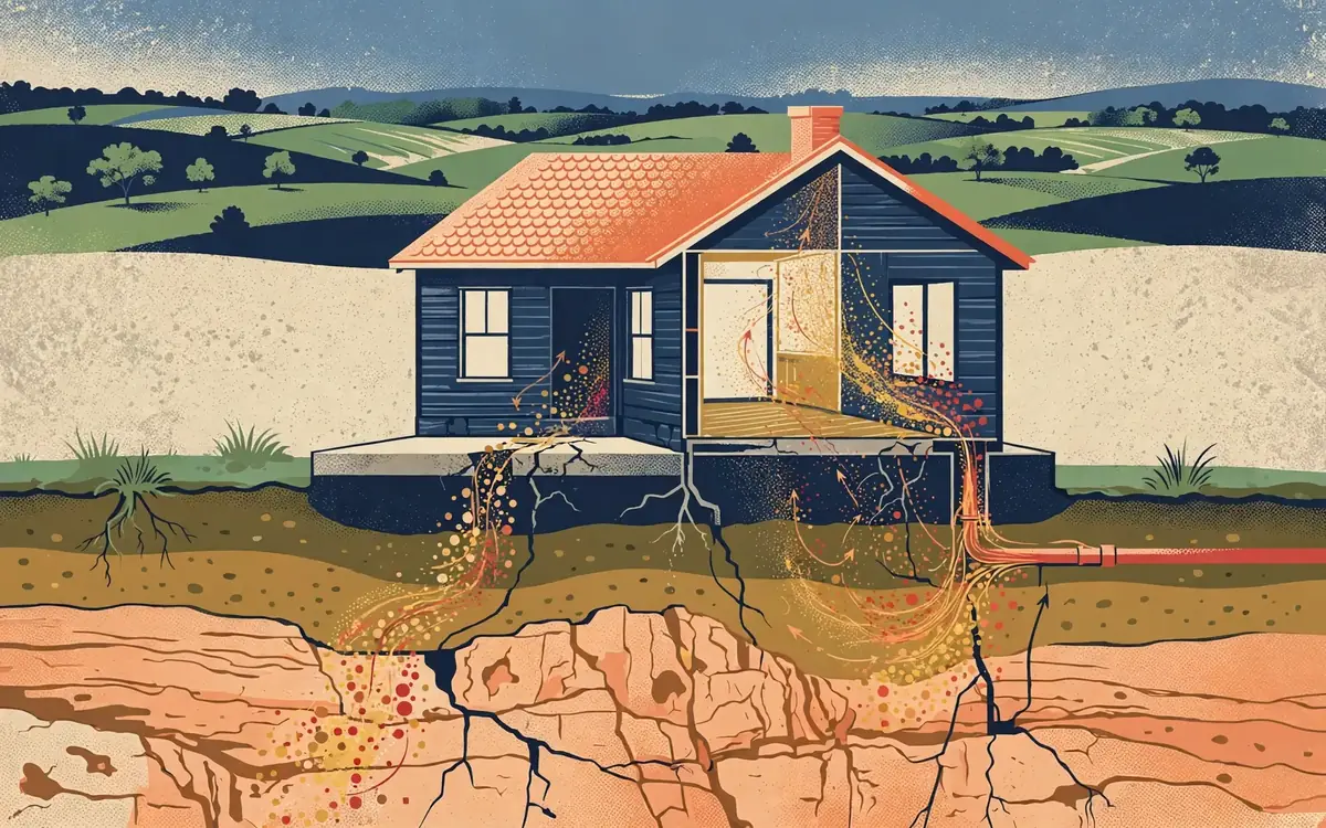 Illustrated cutaway of a Tennessee home showing radon rising from soil through foundation openings