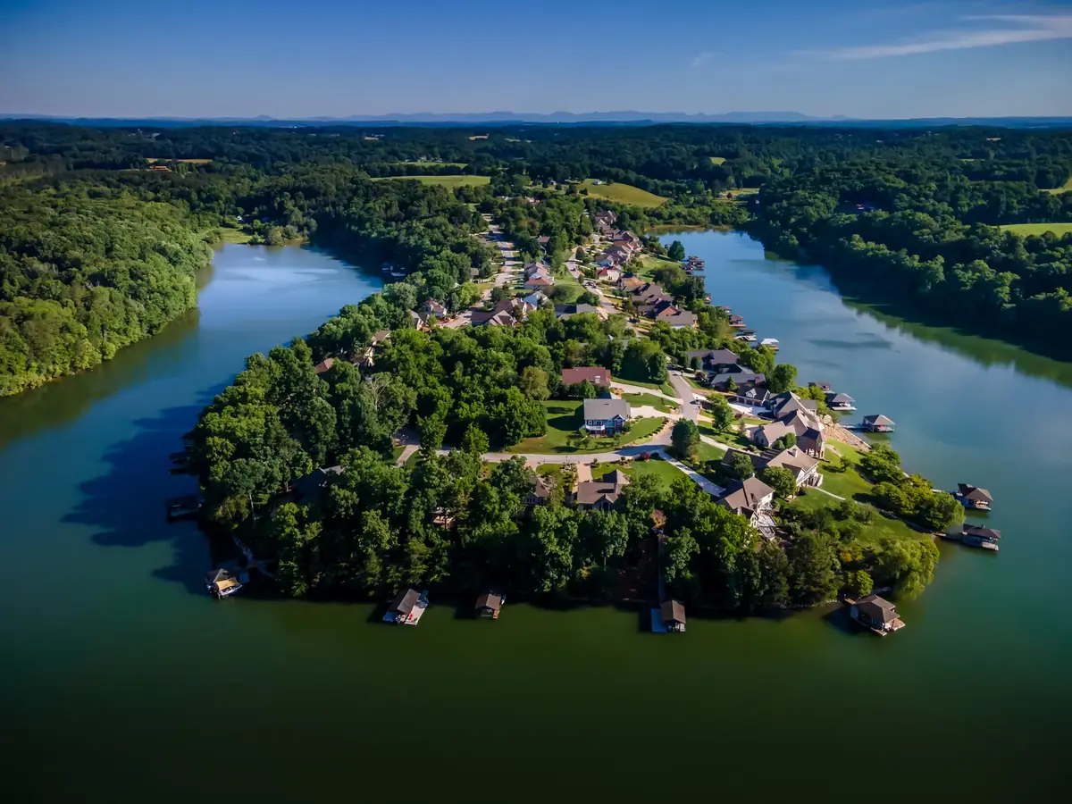 Homes along the wooded shoreline of Tellico Lake in East Tennessee