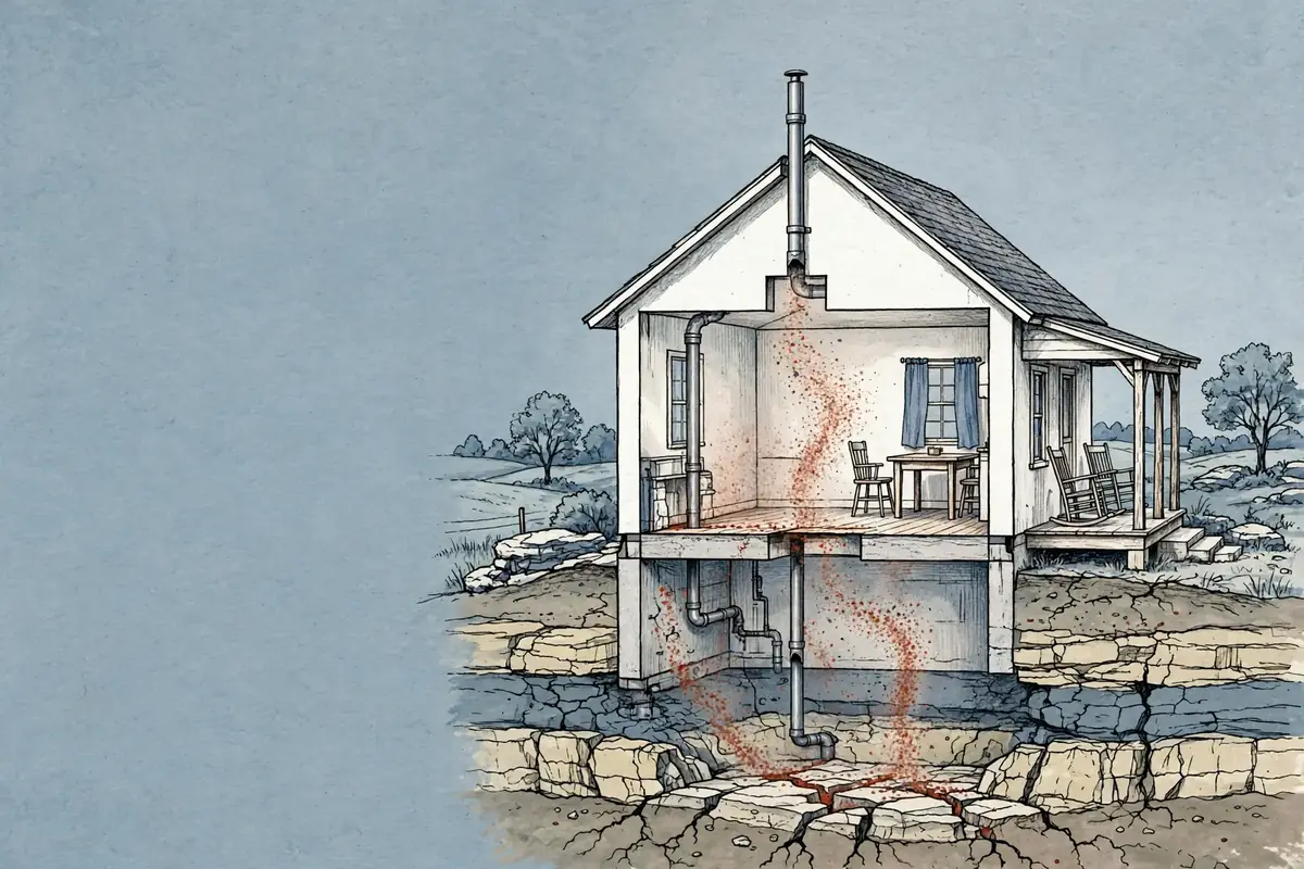 Illustrated cutaway of a rural home showing soil gas entering through the foundation and a vent pipe rising above the roof