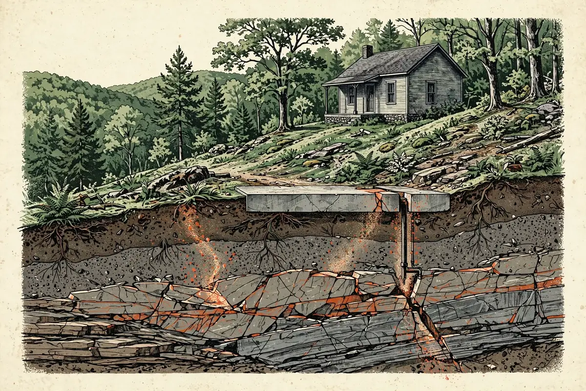 Editorial cutaway illustration of radon moving through fractured Cumberland Plateau rock toward a home's foundation