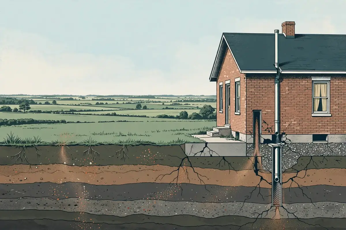Editorial cutaway illustration of radon moving through soil and foundation openings beneath a rural West Tennessee brick home