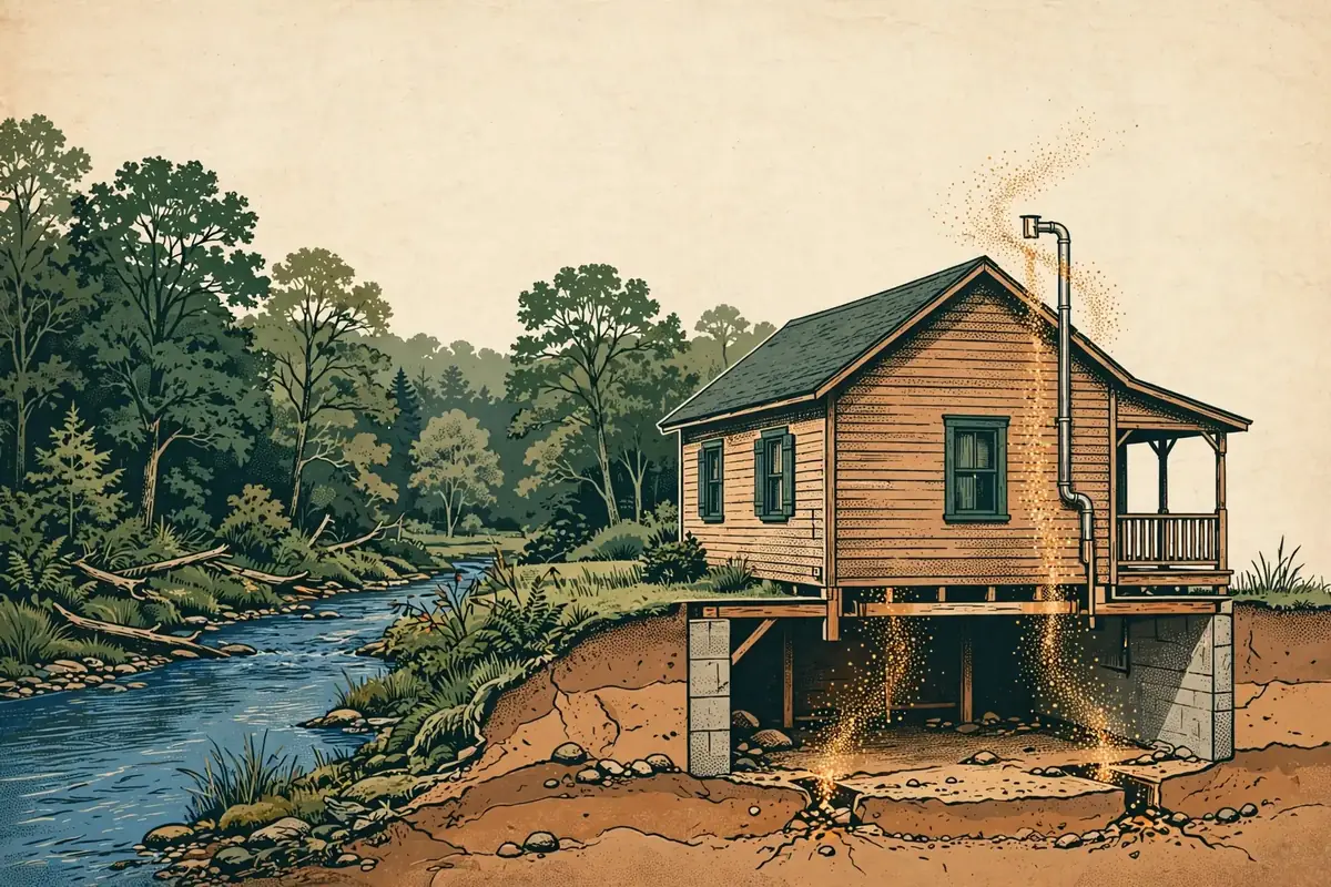 Illustrated rural Tennessee home in cutaway, showing soil gas rising through foundation openings beside a wooded river