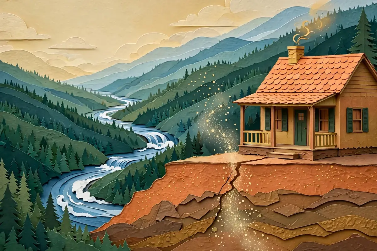 Cut-paper illustration of a home above copper-colored soil beside forested ridges and the Ocoee River, with radon particles rising through a foundation crack