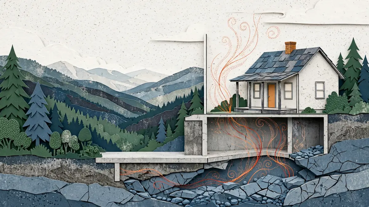Illustration of radon moving through fractured Cumberland Plateau rock into a home's foundation
