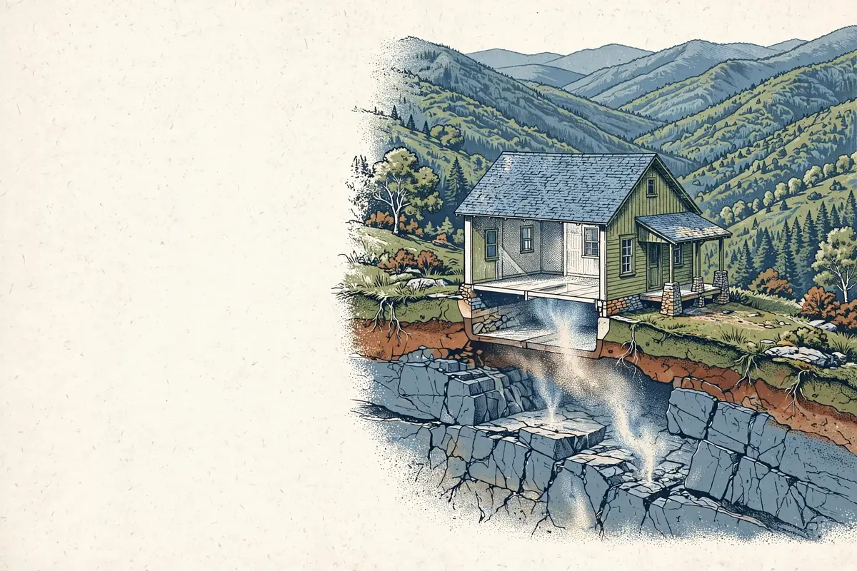 Illustrated cutaway of a Tennessee Valley home above fractured rock, showing soil gas entering the foundation