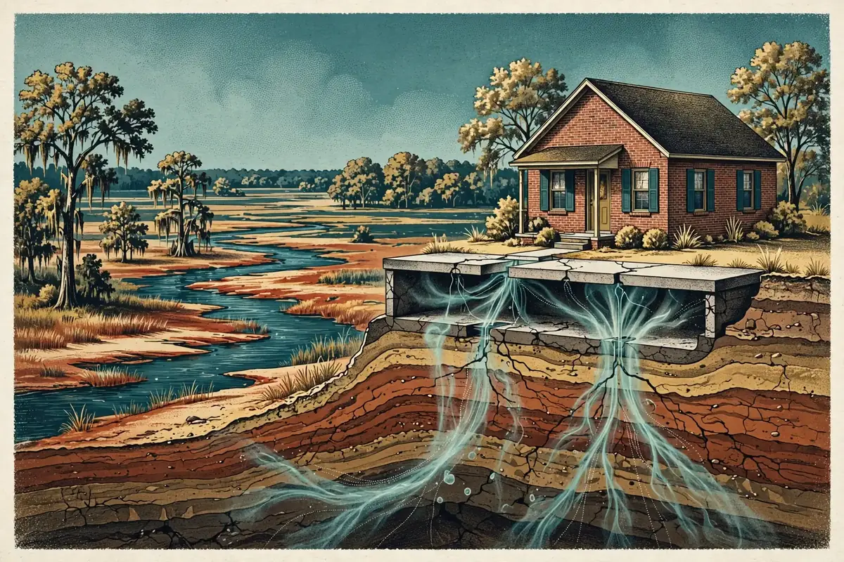 Editorial cutaway illustration of gas moving through soil and into the foundation of a Memphis-area brick home