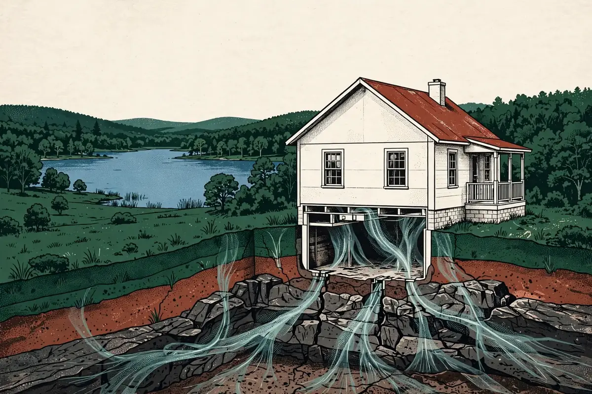 Illustration of soil gas moving through rock and into the foundation of a rural lakeside Tennessee home