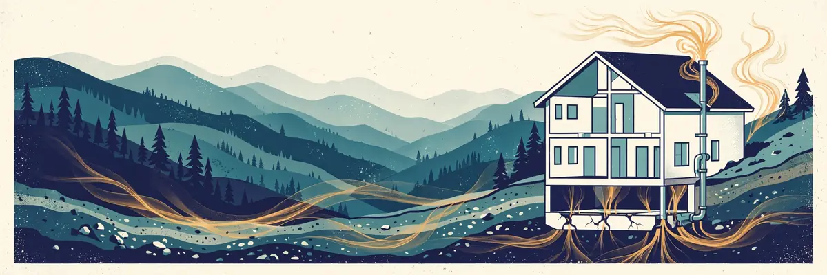Editorial cutaway illustration of soil gas entering a hillside home and venting above the roof