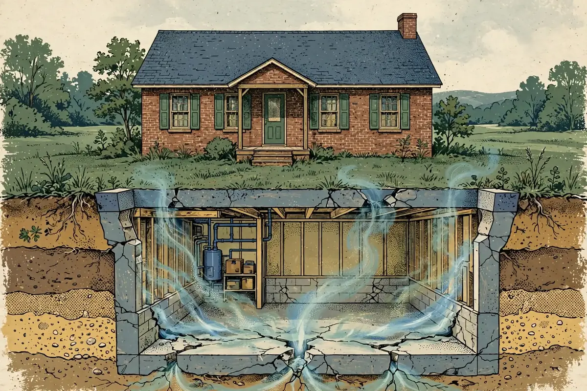 Illustrated cutaway of a West Tennessee brick home showing radon rising through the foundation