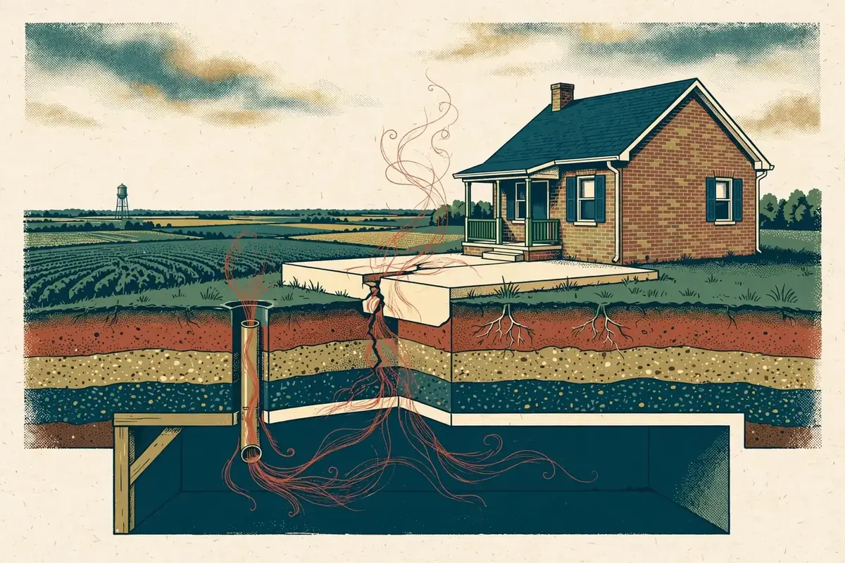 Editorial cutaway illustration of radon moving through soil and foundation openings beneath a West Tennessee brick home